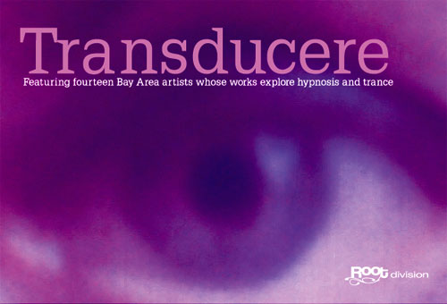 fuschia-blue image of an eye with text "Transducere" show postcard